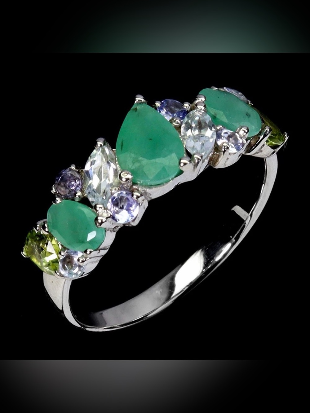 Natural Emerald, Tanzanite, Aquamarine, Peridot 925 Sterling Silver Ring Size 8